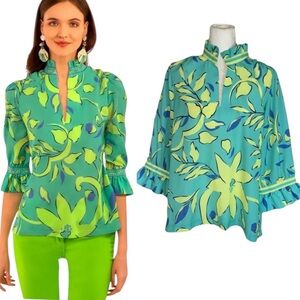 Gretchen Scott Turquoise & Green Floral Ruffleneck Tunic Top in Full Bloom - L